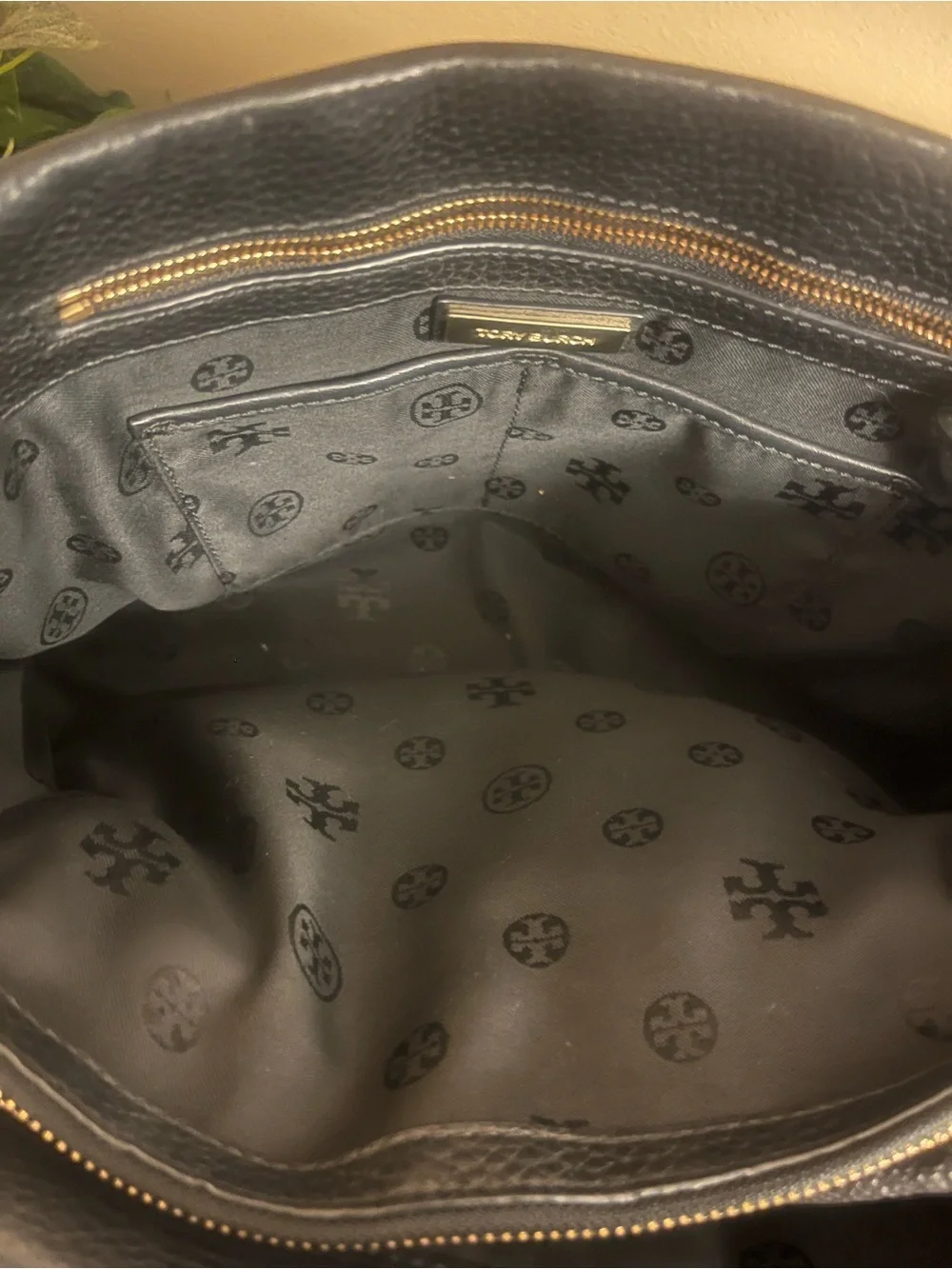 Tory Burch Black Pebbled Leather Tote with Gold Logo Hardware